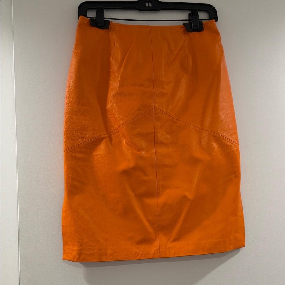 Vtg Bright Orange Newport News 100% Leather Skirt, Sz 6
